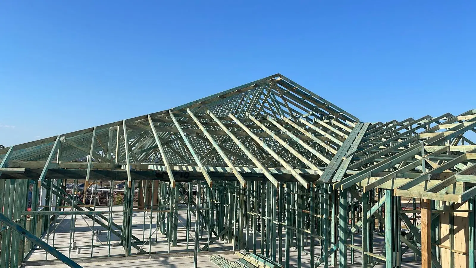 Close-up of roof truss installation