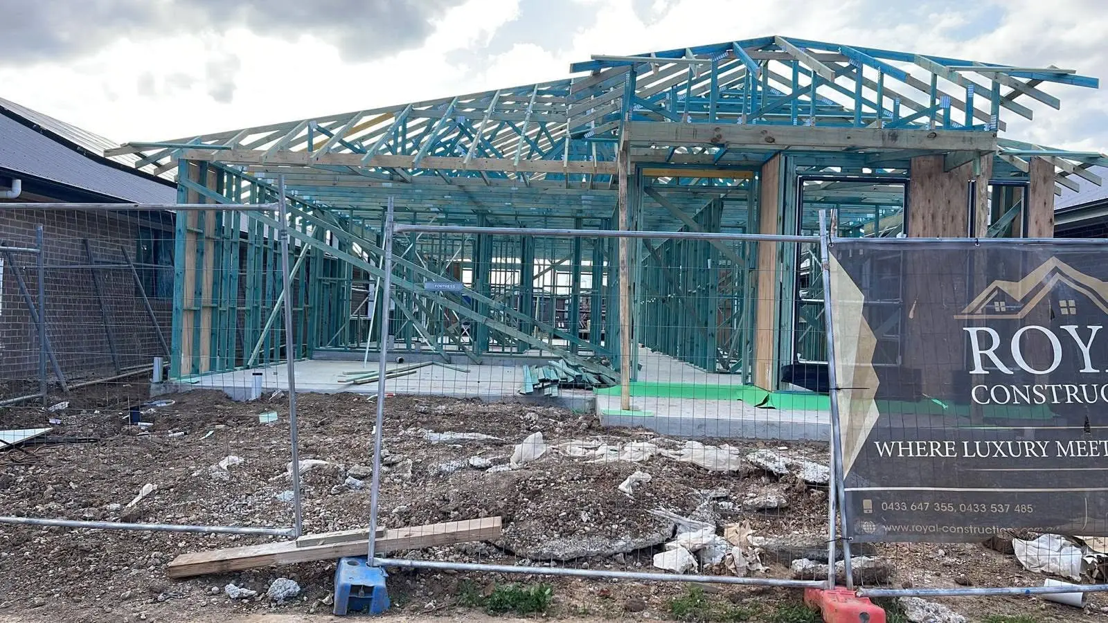 Wall framing on site for Royal Constructions build